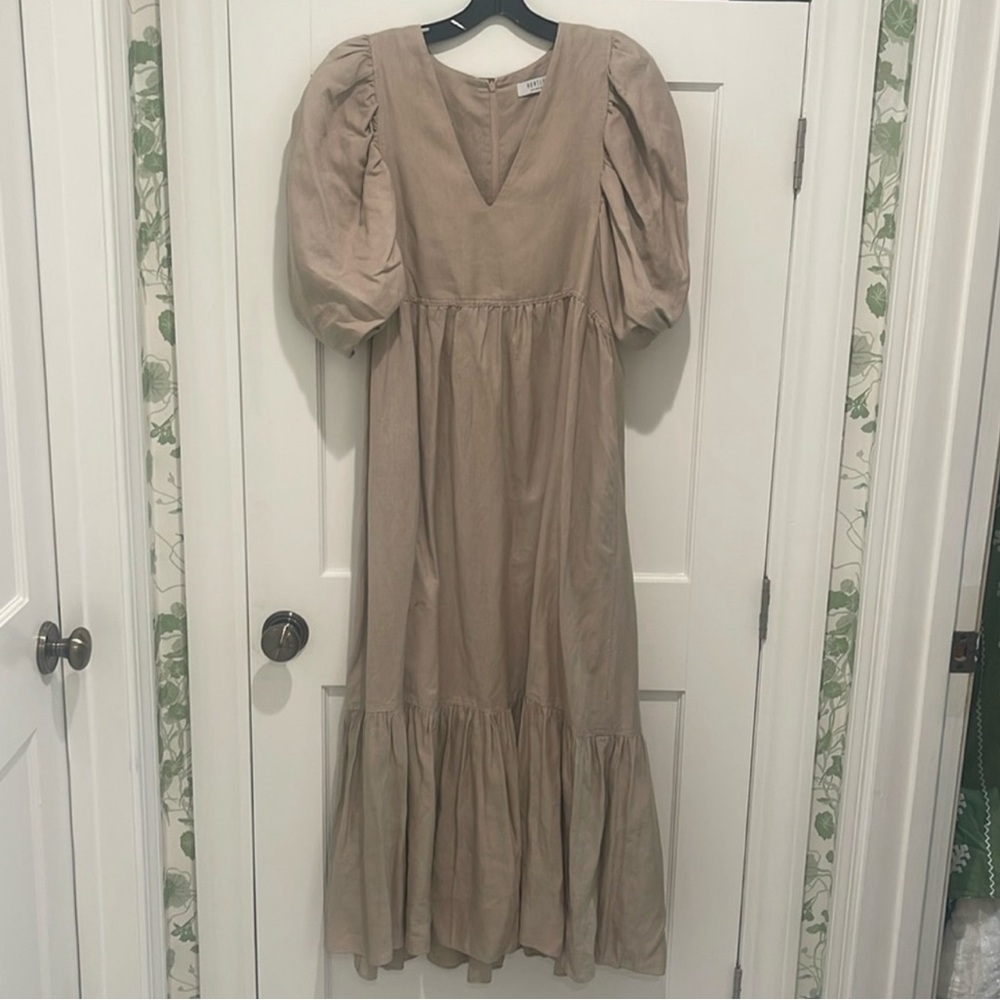 Hunter Bell Palmer V-Neck Puff Sleeve Tiered Ruffle Maxi Dress in Beige Linen